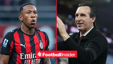 Pervis Estupinan in action for AC Milan, with Unai Emery on the sidelines at Aston Villa