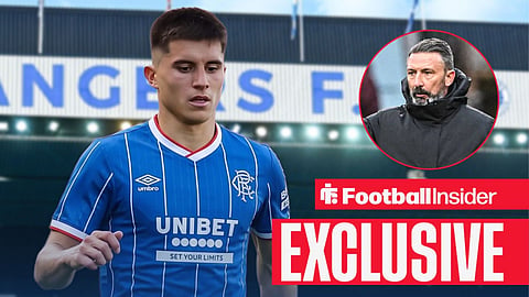 Football Insider exclusive as Vanja Dragojevic is in action for Rangers, while manager Derek McInnes watches from a circular inset.