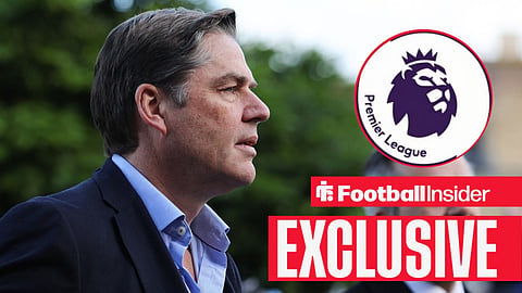 Football Insider exclusive as Premier League chief executive Richard Masters stares towards the league's logo, which features in a circular inset.