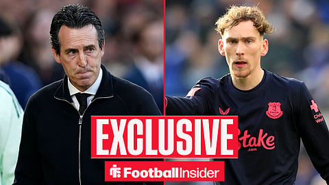 Football Insider exclusive as Aston Villa manager Unai Emery stares across a split image towards Everton midfielder James Garner.