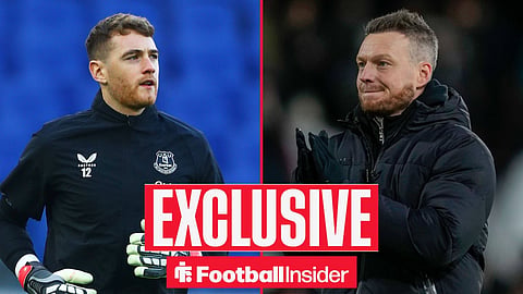 Football Insider exclusive as Everton goalkeeper Mark Travers warms up, while Middlesbrough manager Kim Hellberg applauds on the other side of a split image.