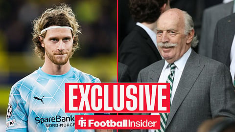 Football Insider exclusive as Kasper Hogh smiles across a split image towards Celtic owner Dermot Desmond, who smiles in the stands.