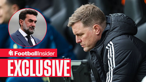 Football Insider exclusive as Eddie Howe stares at the ground, while Newcastle chairman Yasir Al Rumayyan watches from a circular inset.