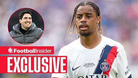 Football Insider exclusive as Bradley Barcola stares towards Liverpool manager Andoni Iraola, who smiles in a circular inset.