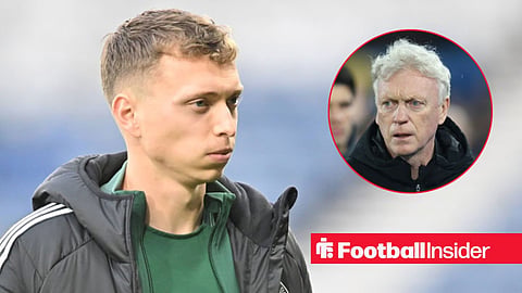 Alistair Johnston pre-match for Celtic, with David Moyes in a circular inset