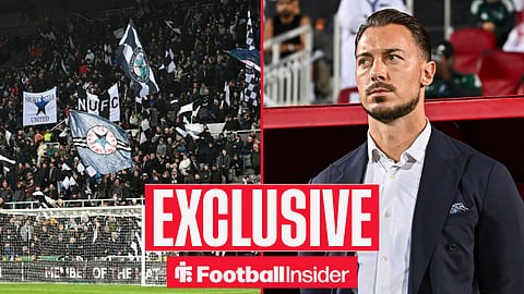Football Insider exclusive as Newcastle fans wave flags, while Al Ahli manager Matthias Jaissle watches from the other side of a circular inset.