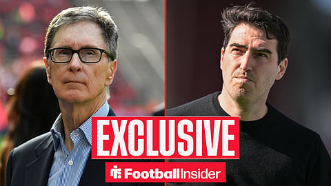 Football Insider exclusive as Liverpool owner John Henry stares across a split image towards manager Andoni Iraola.