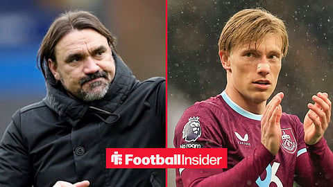 Daniel Farke on the sidelines at Elland Road, with Zian Flemming applauding at Burnley 
