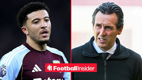 Jadon Sancho in action for Aston Villa, with Unai Emery on the sidelines