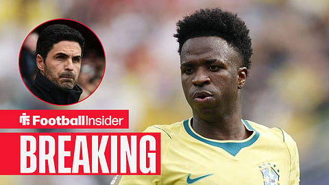 Vinicius Junior in action for Brazil, with Mikel Arteta in a circular inset