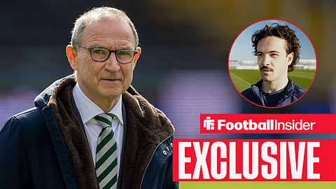 Martin O'Neill on pitch before a game with Mika Baur being interviewed right inset