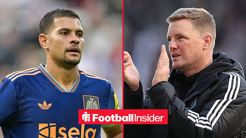 Newcastle captain Bruno Guimaraes with former manager Eddie Howe claps inset