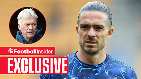 Jack Grealish in pre-match training with David Moyes on sideline left inset