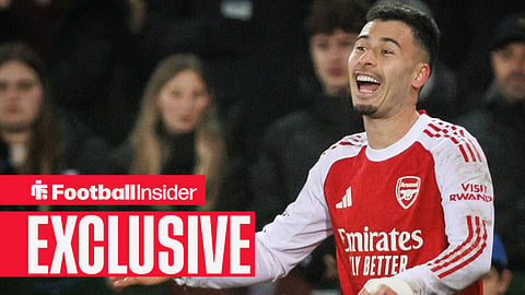 Arsenal'ss Gabriel Martinelli celebrates after scoring during a soccer game between  Club Brugge KV and English Arsenal F.C, on Wednesday 10 December 2025