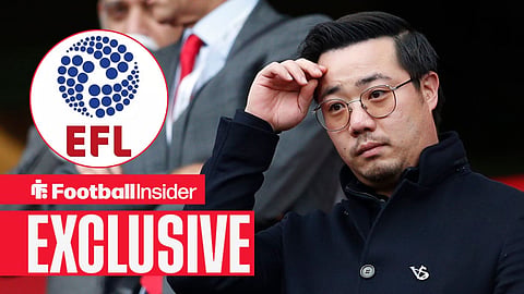 Football Insider exclusive as Leicester owner Aiyawatt Srivaddhanaprabha scratches his head, while the EFL badge features in a circular inset.