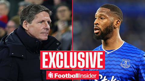 Football Insider exclusive as Nottingham Forest manager Oliver Glasner stares across a split image towards Everton striker Beto.