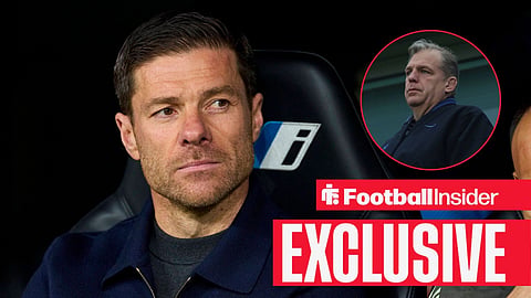 Football Insider exclusive as Chelsea manager Xabi Alonso stares towards owner Todd Boehly, who watches from a circular inset.