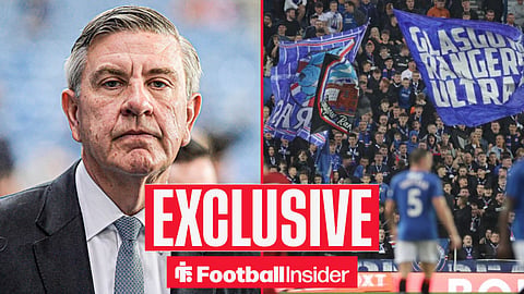 Football Insider exclusive as Rangers chairman Andrew Cavenagh stares across a split image towards the fans.