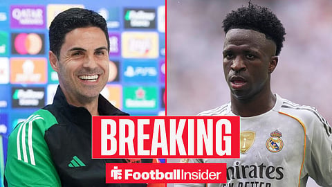 Mikel Arteta in an Arsenal press conference, with Vinicius Junior in action for Real Madrid