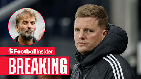 Eddie Howe in the dugout at Newcastle, with Jurgen Klopp in a circular inset