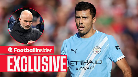 Football Insider exclusive as Man City midfielder Rodri stares towards Enzo Maresca, who watches from a circular inset.