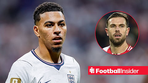 Morgan Rogers playing for England with Jordan Henderson in action right inset
