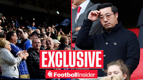 Football Insider exclusive as Leicester fans and owner Aiyawatt Srivaddhanaprabha feature on either side of a split image.