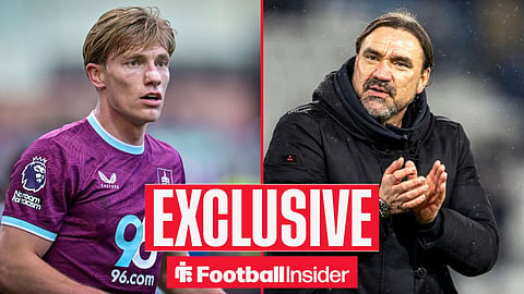 Football Insider exclusive as Burnley striker Zian Flemming stares across a split image towards Leeds manager Daniel Farke.
