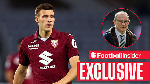 Football Insider exclusive as Torino midfielder Gvidas Gineitis is in action, while Celtic manager Martin O'Neill watches from a circular inset.