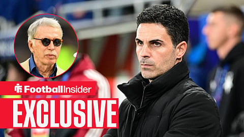 Football Insider exclusive as Arsenal manager Mikel Arteta stares towards owner Stan Kroenke, who watches from a circular inset.