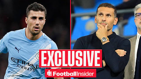 Football Insider exclusive as Rodri is in action for Man City, while chairman Khaldoon Al Mubarak watches from the other side of a split image.