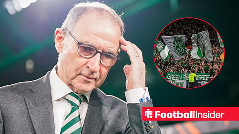 Martin O'Neill with hand to head and Celtic fans in stands right inset