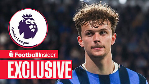 Football Insider exclusive as Atalanta defender Giorgio Scalvini stares towards the Premier League badge, which features in a circular inset.