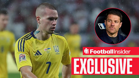 Football Insider exclusive as Mykhailo Mudryk is in action for Ukraine, while Chelsea manager Xabi Alonso watches from a circular inset.