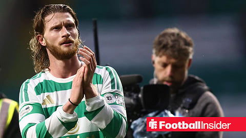 Celtic versus Dundee, Kasper Hogh of Celtic applauds the fans at the end of the match