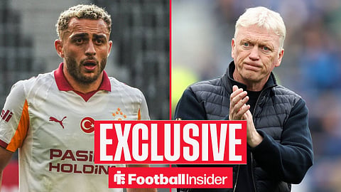 Football Insider exclusive as Baris Alper Yilmaz is in action for Galatasaray, while Everton manager David Moyes applauds on the other side of a split image.