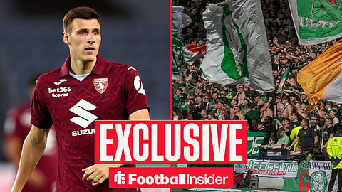 Football Insider exclusive as Gvidas Gineitis stares across a split image towards Celtic fans.