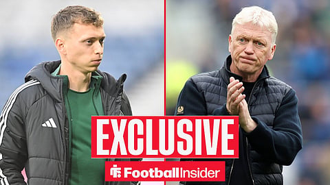 Football Insider exclusive as Celtic defender Alistair Johnston stares across a split image towards Everton manager David Moyes.