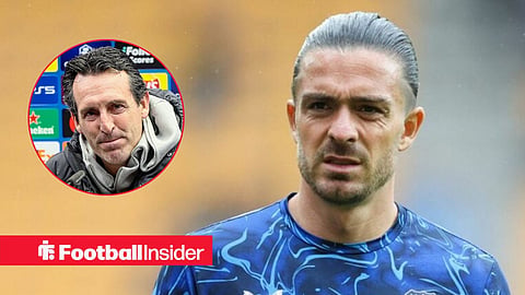 Jack Grealish warming up with Unai Emery in press conference left inset