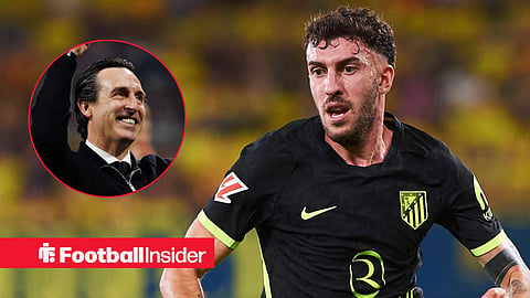 Matteo Ruggeri in action facing Unai Emery celebrating with arms up left inset