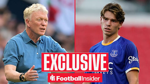 Football Insider exclusive as Everton manager David Moyes and winger Tyler Dibling look frustrated on either side of a split image.