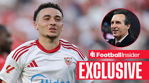 Football Insider exclusive as Ruben Vargas is in action for Sevilla, while Aston Villa manager Unai Emery smiles in a circular inset.