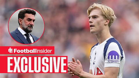 Football Insider exclusive as Tottenham midfielder Lucas Bergvall applauds, while Newcastle chairman Yasir Al Rumayyan watches from a circular inset.