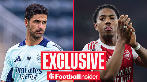 Football Insider exclusive as Arsenal manager Mikel Arteta stares across a split image towards Myles Lewis-Skelly.