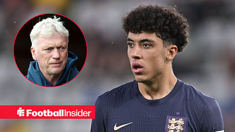 Ethan Wheatley in action for England's youth sides, with David Moyes in a circular inset