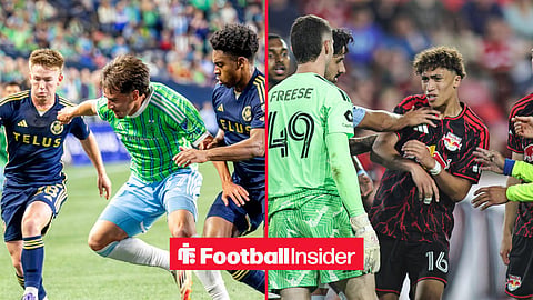 Vancouver Whitecaps FC defender Tate Johnson and Seattle Sounders FC midfielder Snyder Brunell fight for possession of the ball with New York City goalkeeper Matt Freese and New York City defender Thiago Martins pushing each other inset