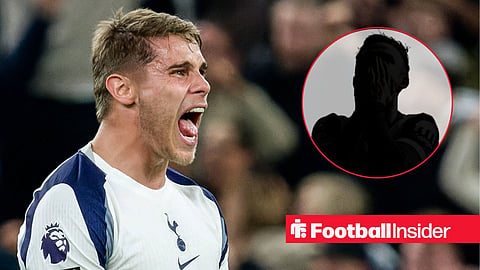 Micky van de Ven 37 Tottenham Hotspur during the Premier League game between Tottenham Hotspur and Wolverhampton Wanderers at Tottenham Hotspur Stadium in London, England / Tottenham star James Maddison's silhouette in a circular inset