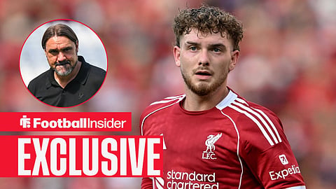 Football Insider exclusive as Liverpool star Harvey Elliott is in action, while Leeds manager Daniel Farke watches from a circular inset.