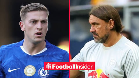 Liam Delap in action for Chelsea, with Daniel Farke on the sidelines