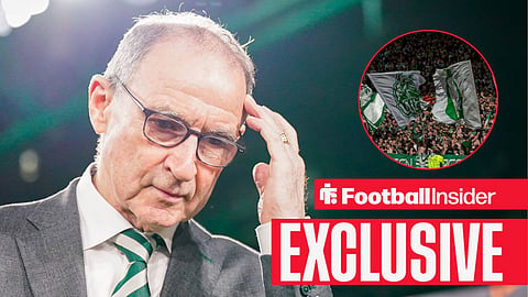 Football Insider exclusive as Celtic manager Martin O'Neill scratches his head, while the fans wave flags in a circular inset.